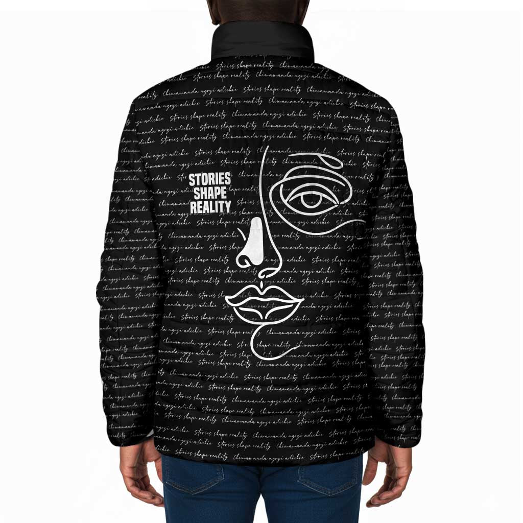 Chimamanda Ngozi Adichie Padded Jacket with Expressive Speaking Portrait, Stories Shape Reality - African Pride