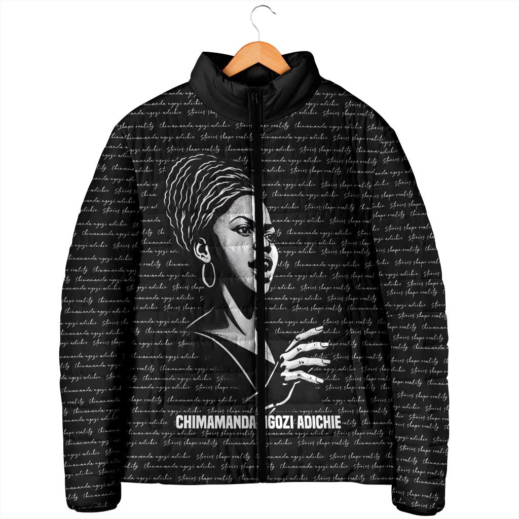 Chimamanda Ngozi Adichie Padded Jacket with Expressive Speaking Portrait, Stories Shape Reality - African Pride