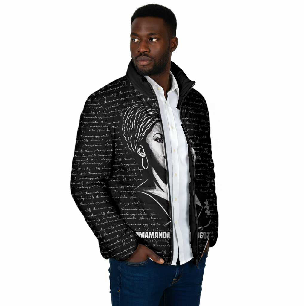 Chimamanda Ngozi Adichie Padded Jacket with Expressive Speaking Portrait, Stories Shape Reality - African Pride