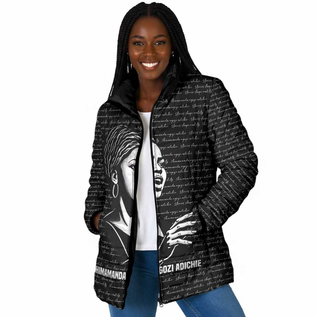 Chimamanda Ngozi Adichie Padded Jacket with Expressive Speaking Portrait, Stories Shape Reality - African Pride