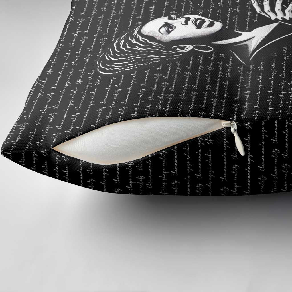 Chimamanda Ngozi Adichie Pillow Cover with Expressive Speaking Portrait, Stories Shape Reality - African Pride
