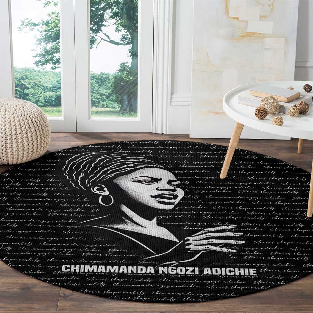 Chimamanda Ngozi Adichie Round Carpet with Expressive Speaking Portrait, Stories Shape Reality - African Pride