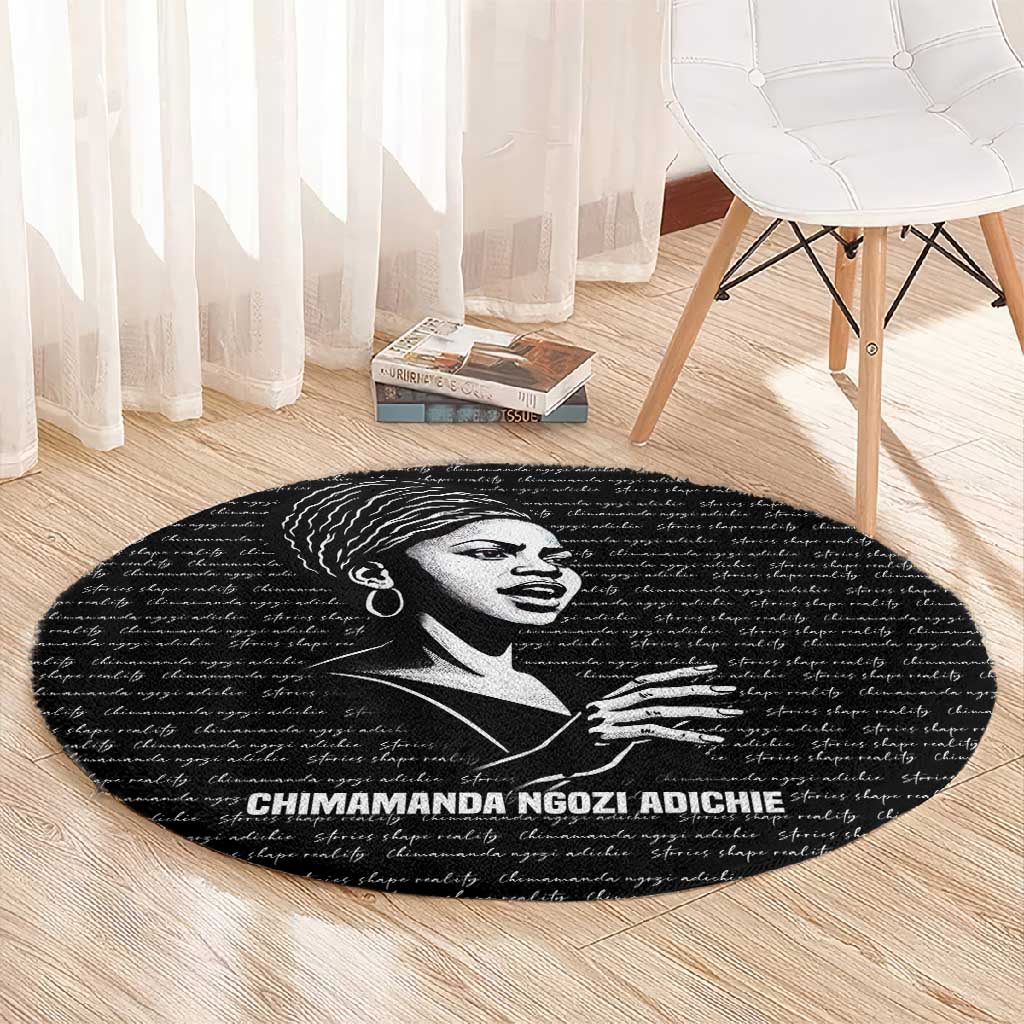Chimamanda Ngozi Adichie Round Carpet with Expressive Speaking Portrait, Stories Shape Reality - African Pride
