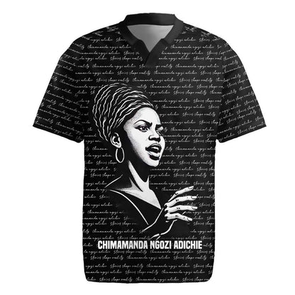 Chimamanda Ngozi Adichie Rugby Jersey with Expressive Speaking Portrait, Stories Shape Reality - African Pride