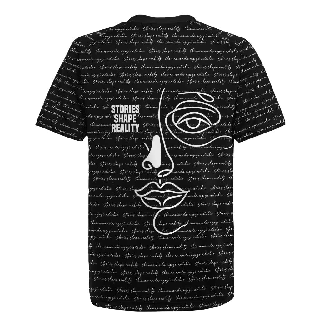 Chimamanda Ngozi Adichie Rugby Jersey with Expressive Speaking Portrait, Stories Shape Reality - African Pride