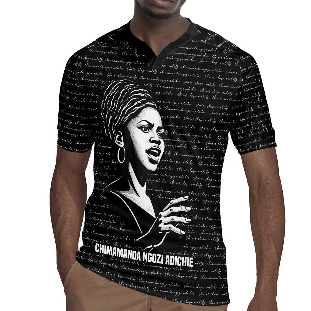 Chimamanda Ngozi Adichie Rugby Jersey with Expressive Speaking Portrait, Stories Shape Reality - African Pride
