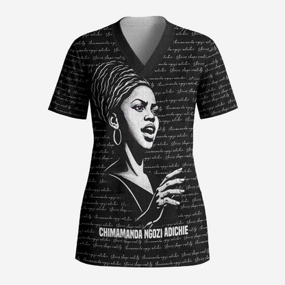 Chimamanda Ngozi Adichie Scrub Top with Expressive Speaking Portrait, Stories Shape Reality - African Pride