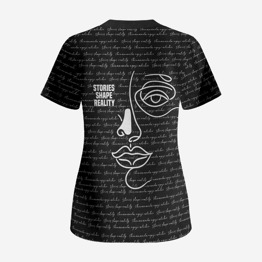 Chimamanda Ngozi Adichie Scrub Top with Expressive Speaking Portrait, Stories Shape Reality - African Pride