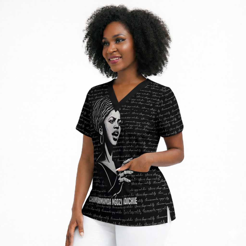 Chimamanda Ngozi Adichie Scrub Top with Expressive Speaking Portrait, Stories Shape Reality - African Pride