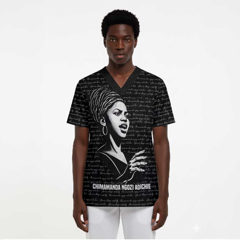 Chimamanda Ngozi Adichie Scrub Top with Expressive Speaking Portrait, Stories Shape Reality - African Pride