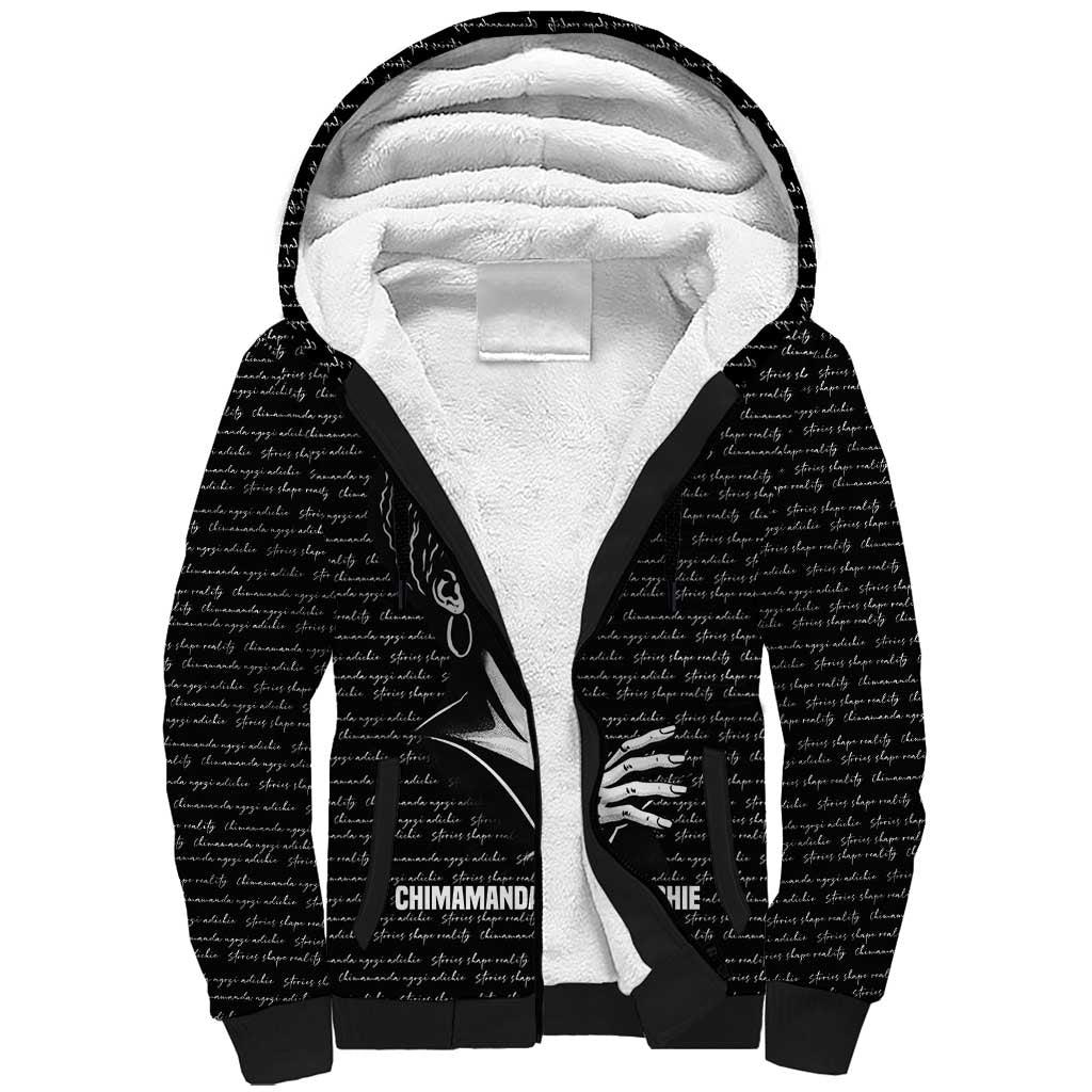 Chimamanda Ngozi Adichie Sherpa Hoodie with Expressive Speaking Portrait, Stories Shape Reality - African Pride