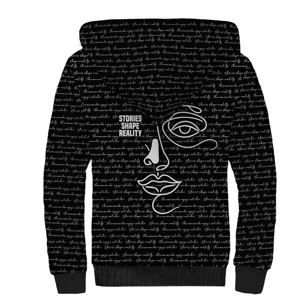 Chimamanda Ngozi Adichie Sherpa Hoodie with Expressive Speaking Portrait, Stories Shape Reality - African Pride