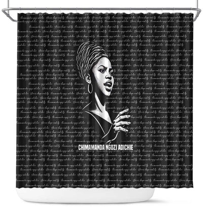 Chimamanda Ngozi Adichie Shower Curtain with Expressive Speaking Portrait, Stories Shape Reality - African Pride