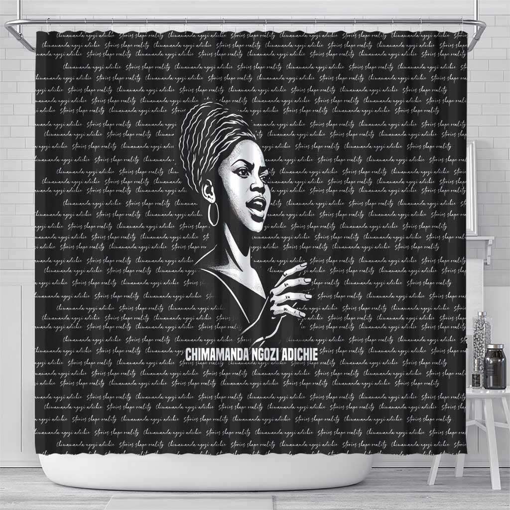 Chimamanda Ngozi Adichie Shower Curtain with Expressive Speaking Portrait, Stories Shape Reality - African Pride