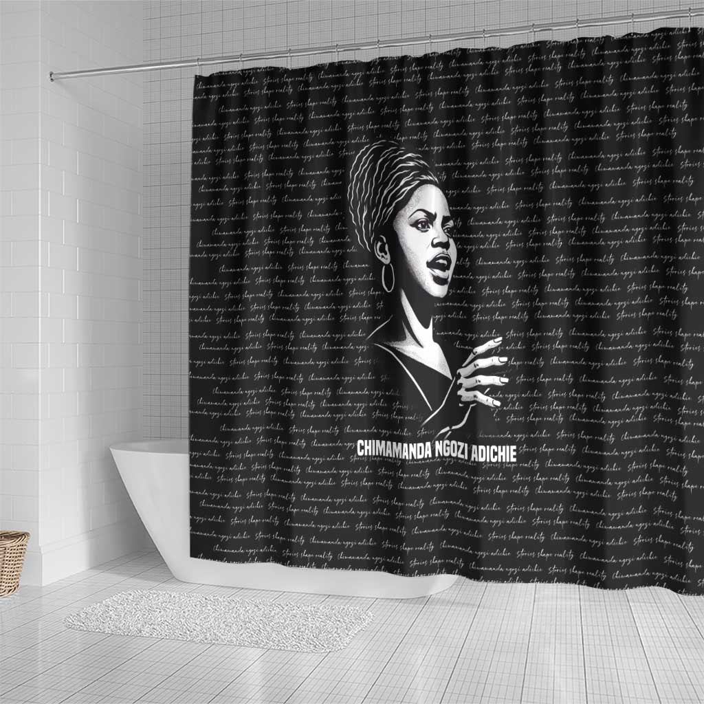 Chimamanda Ngozi Adichie Shower Curtain with Expressive Speaking Portrait, Stories Shape Reality - African Pride