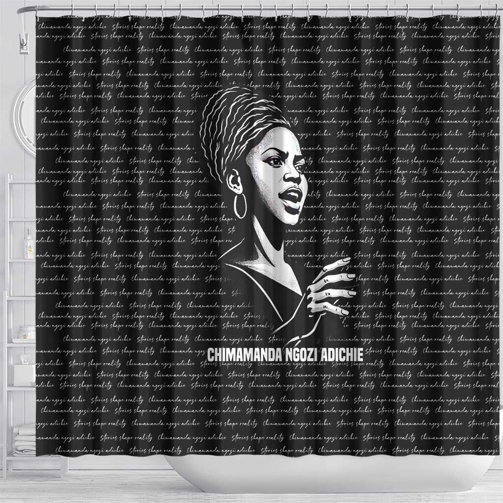 Chimamanda Ngozi Adichie Shower Curtain with Expressive Speaking Portrait, Stories Shape Reality - African Pride