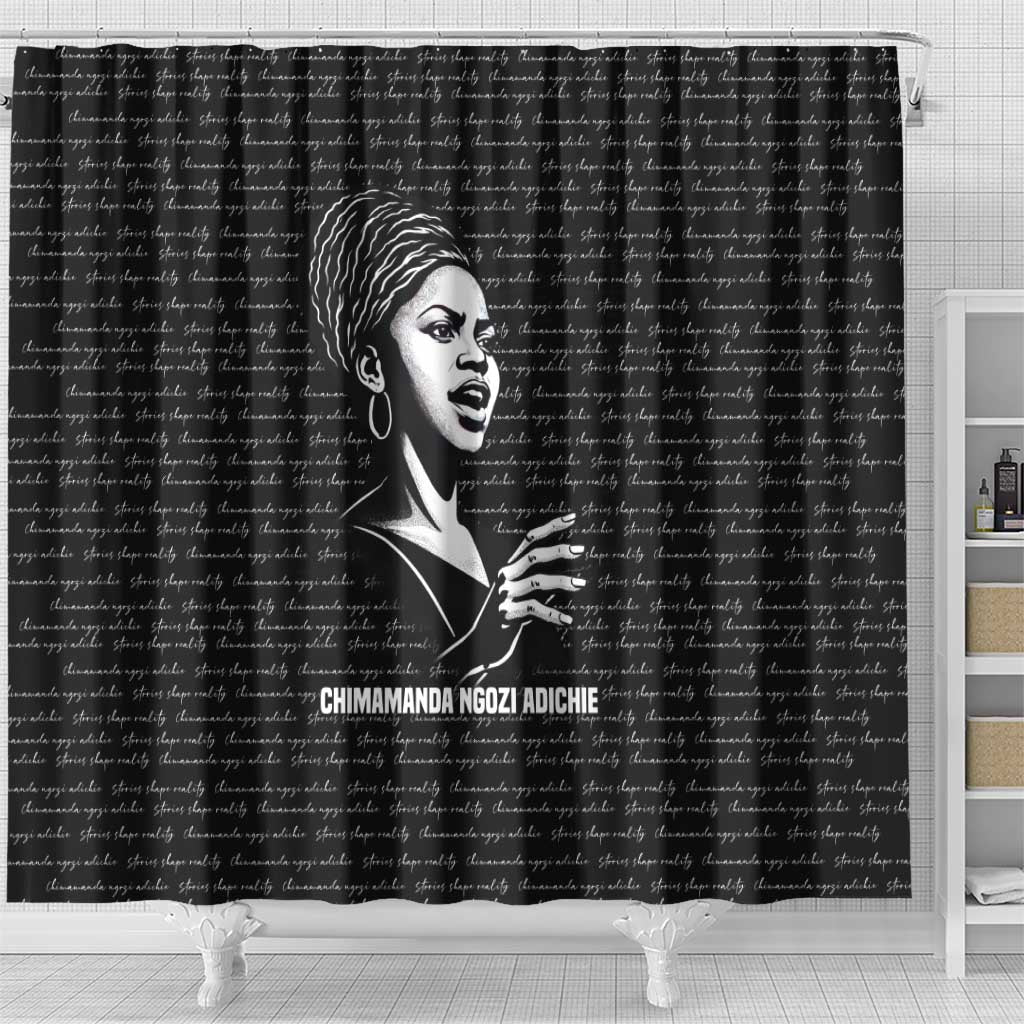 Chimamanda Ngozi Adichie Shower Curtain with Expressive Speaking Portrait, Stories Shape Reality - African Pride