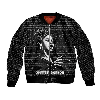 Chimamanda Ngozi Adichie Sleeve Zip Bomber Jacket with Expressive Speaking Portrait, Stories Shape Reality - African Pride