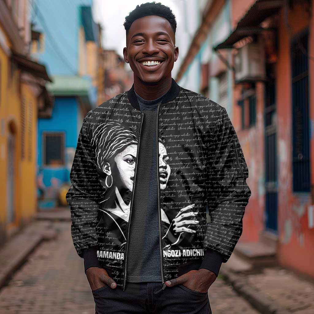 Chimamanda Ngozi Adichie Sleeve Zip Bomber Jacket with Expressive Speaking Portrait, Stories Shape Reality - African Pride