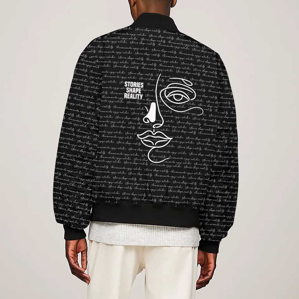 Chimamanda Ngozi Adichie Sleeve Zip Bomber Jacket with Expressive Speaking Portrait, Stories Shape Reality - African Pride
