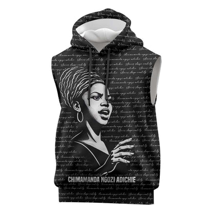 Chimamanda Ngozi Adichie Sleeveless Hoodie with Expressive Speaking Portrait, Stories Shape Reality - African Pride