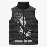 Chimamanda Ngozi Adichie Sleeveless Puffer Jacket with Expressive Speaking Portrait, Stories Shape Reality - African Pride