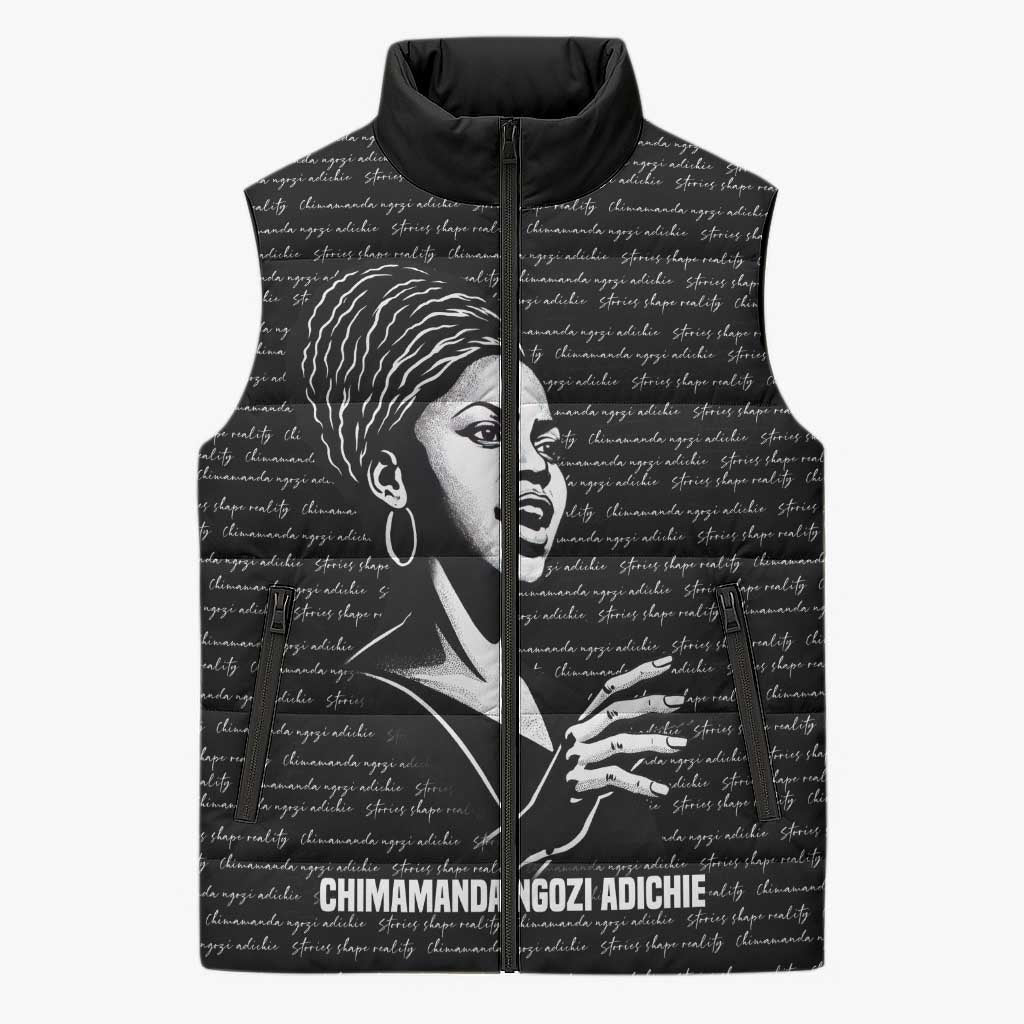 Chimamanda Ngozi Adichie Sleeveless Puffer Jacket with Expressive Speaking Portrait, Stories Shape Reality - African Pride