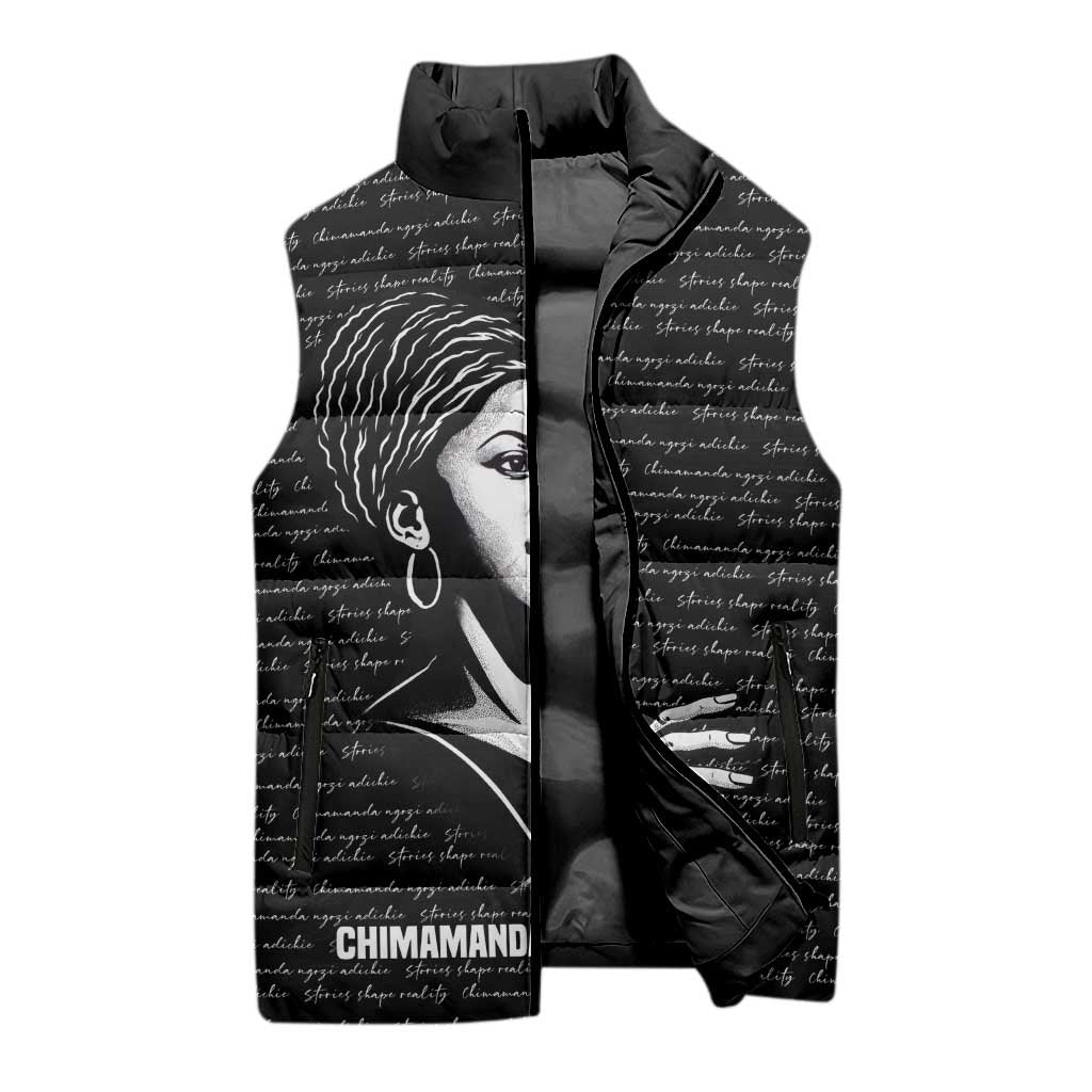 Chimamanda Ngozi Adichie Sleeveless Puffer Jacket with Expressive Speaking Portrait, Stories Shape Reality - African Pride