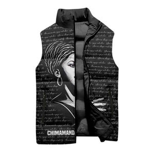 Chimamanda Ngozi Adichie Sleeveless Puffer Jacket with Expressive Speaking Portrait, Stories Shape Reality - African Pride