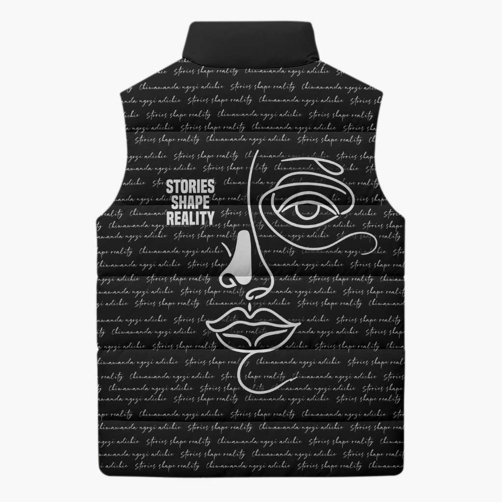 Chimamanda Ngozi Adichie Sleeveless Puffer Jacket with Expressive Speaking Portrait, Stories Shape Reality - African Pride