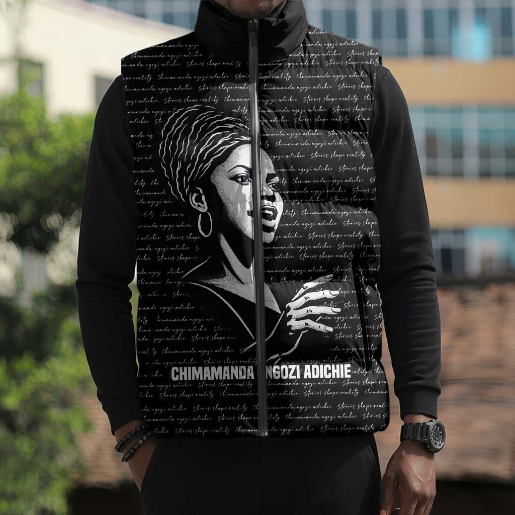 Chimamanda Ngozi Adichie Sleeveless Puffer Jacket with Expressive Speaking Portrait, Stories Shape Reality - African Pride