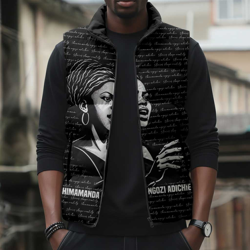 Chimamanda Ngozi Adichie Sleeveless Puffer Jacket with Expressive Speaking Portrait, Stories Shape Reality - African Pride