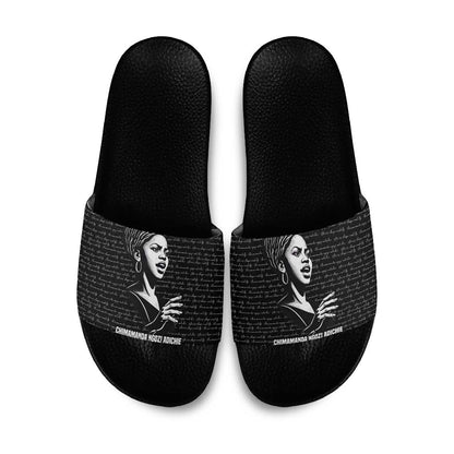 Chimamanda Ngozi Adichie Slide Sandals with Expressive Speaking Portrait, Stories Shape Reality - African Pride