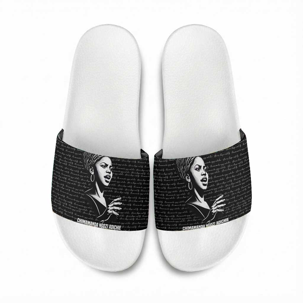 Chimamanda Ngozi Adichie Slide Sandals with Expressive Speaking Portrait, Stories Shape Reality - African Pride