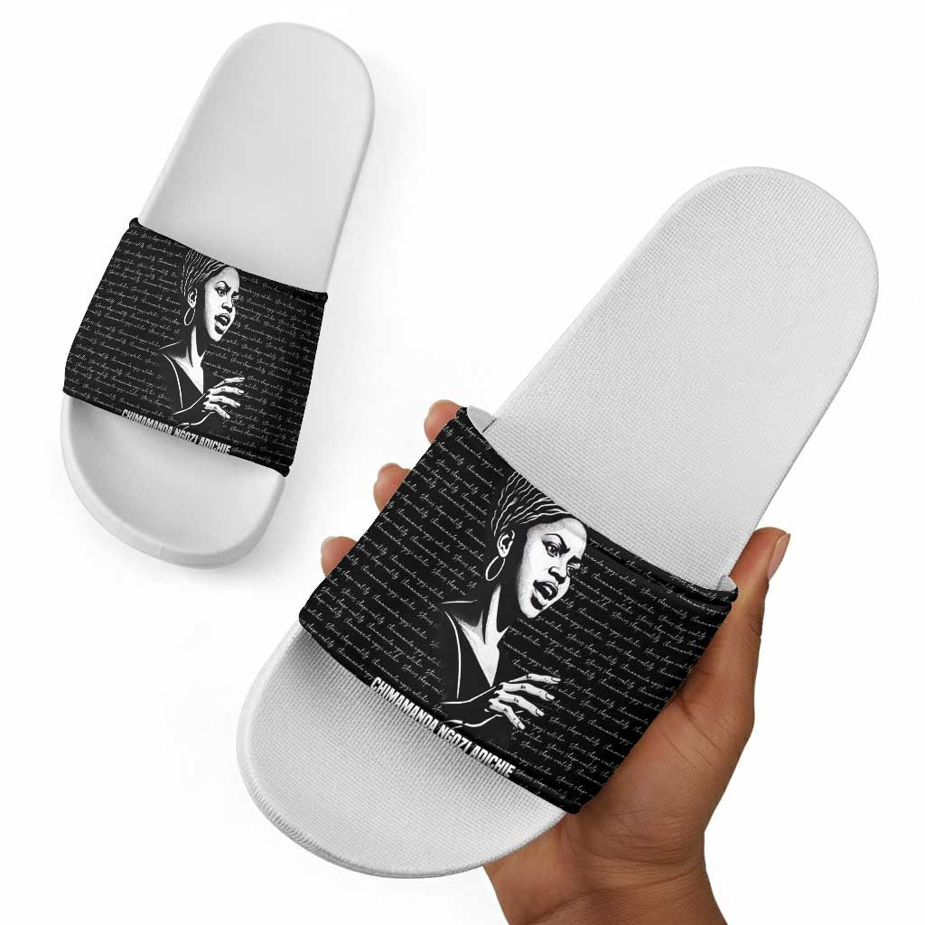 Chimamanda Ngozi Adichie Slide Sandals with Expressive Speaking Portrait, Stories Shape Reality - African Pride