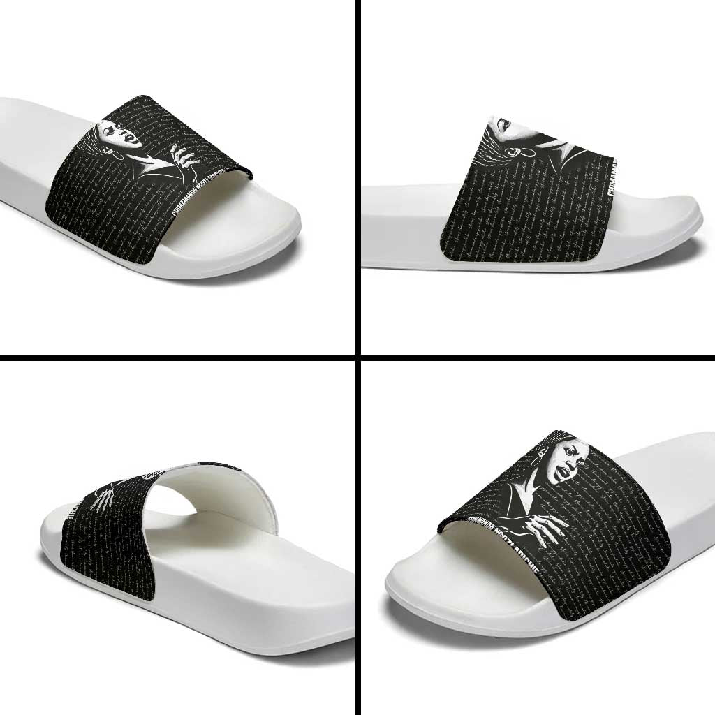 Chimamanda Ngozi Adichie Slide Sandals with Expressive Speaking Portrait, Stories Shape Reality - African Pride