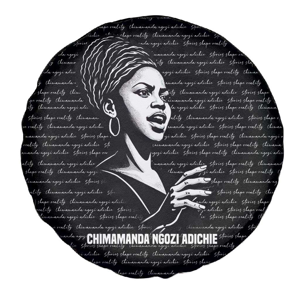 Chimamanda Ngozi Adichie Spare Tire Cover with Expressive Speaking Portrait, Stories Shape Reality - African Pride
