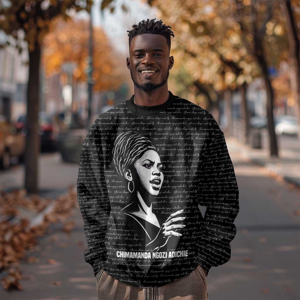 Chimamanda Ngozi Adichie Sweatshirt with Expressive Speaking Portrait, Stories Shape Reality - African Pride