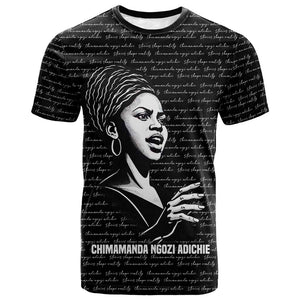 Chimamanda Ngozi Adichie T shirt with Expressive Speaking Portrait, Stories Shape Reality - African Pride