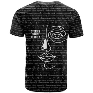 Chimamanda Ngozi Adichie T shirt with Expressive Speaking Portrait, Stories Shape Reality - African Pride