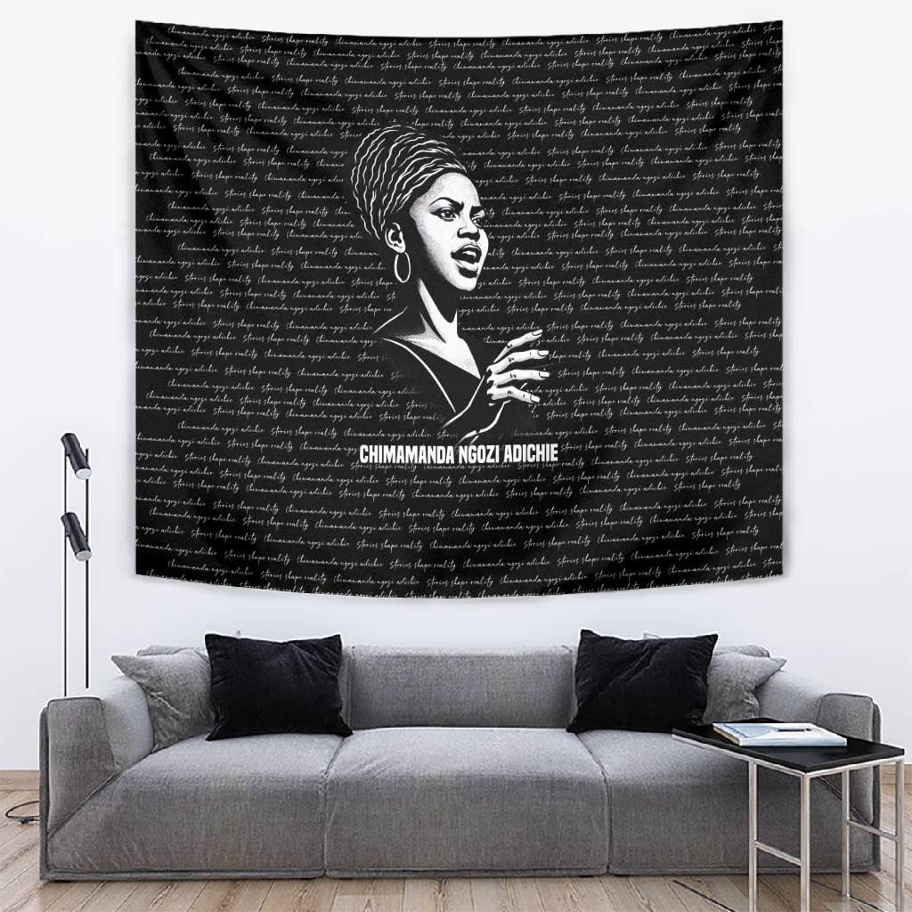 Chimamanda Ngozi Adichie Tapestry with Expressive Speaking Portrait, Stories Shape Reality - African Pride