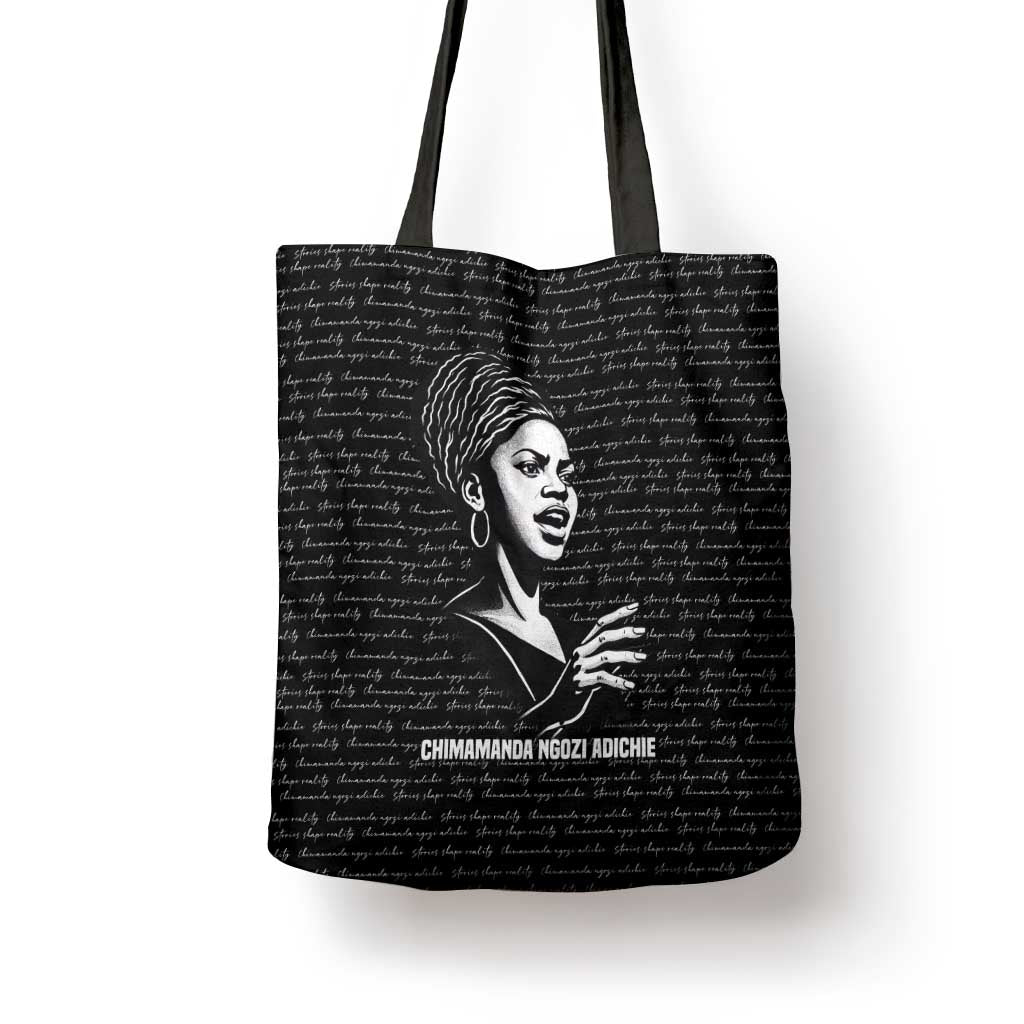 Chimamanda Ngozi Adichie Tote Bag with Expressive Speaking Portrait, Stories Shape Reality - African Pride