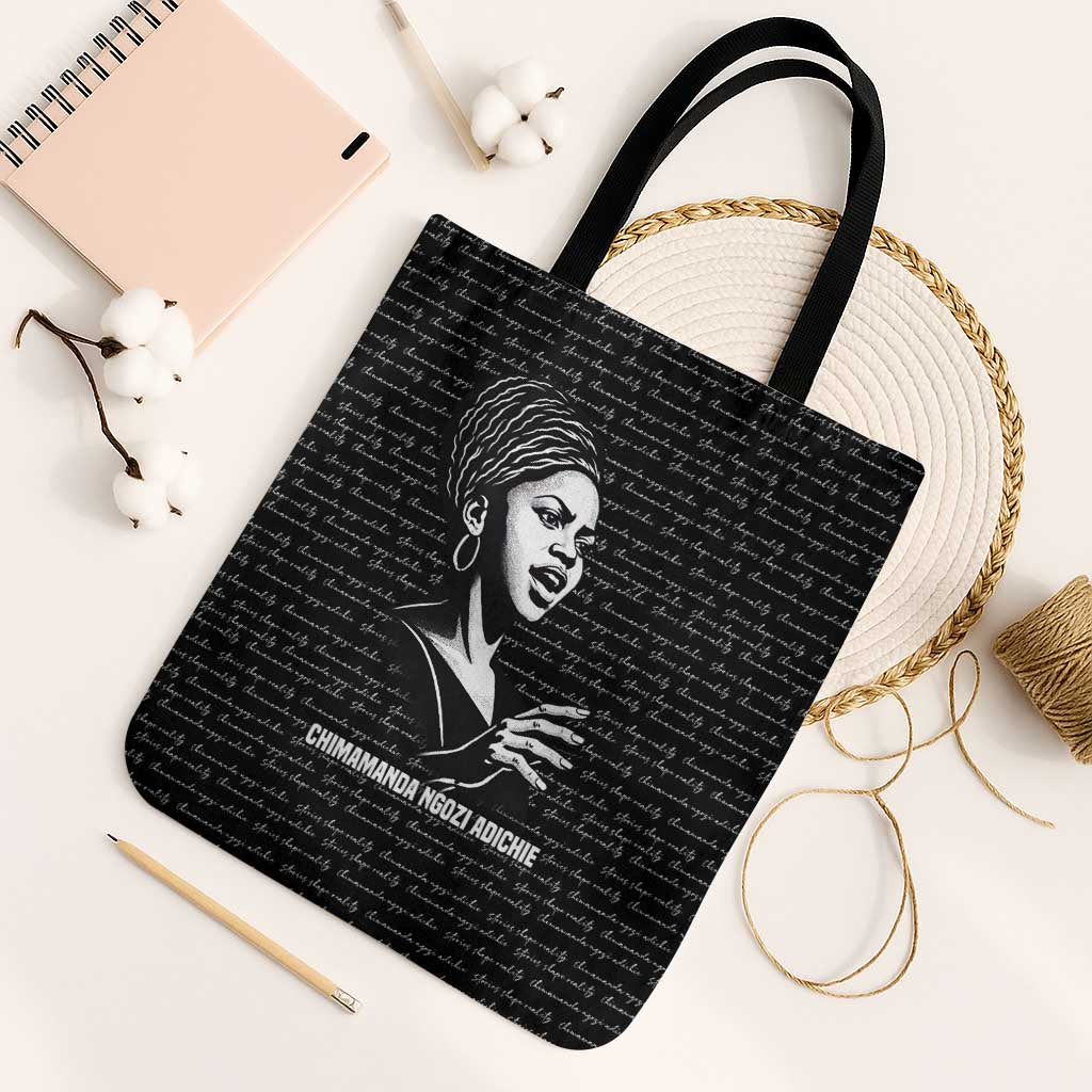 Chimamanda Ngozi Adichie Tote Bag with Expressive Speaking Portrait, Stories Shape Reality - African Pride