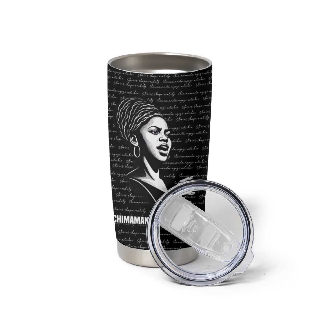 Chimamanda Ngozi Adichie Tumbler Cup with Expressive Speaking Portrait, Stories Shape Reality - African Pride