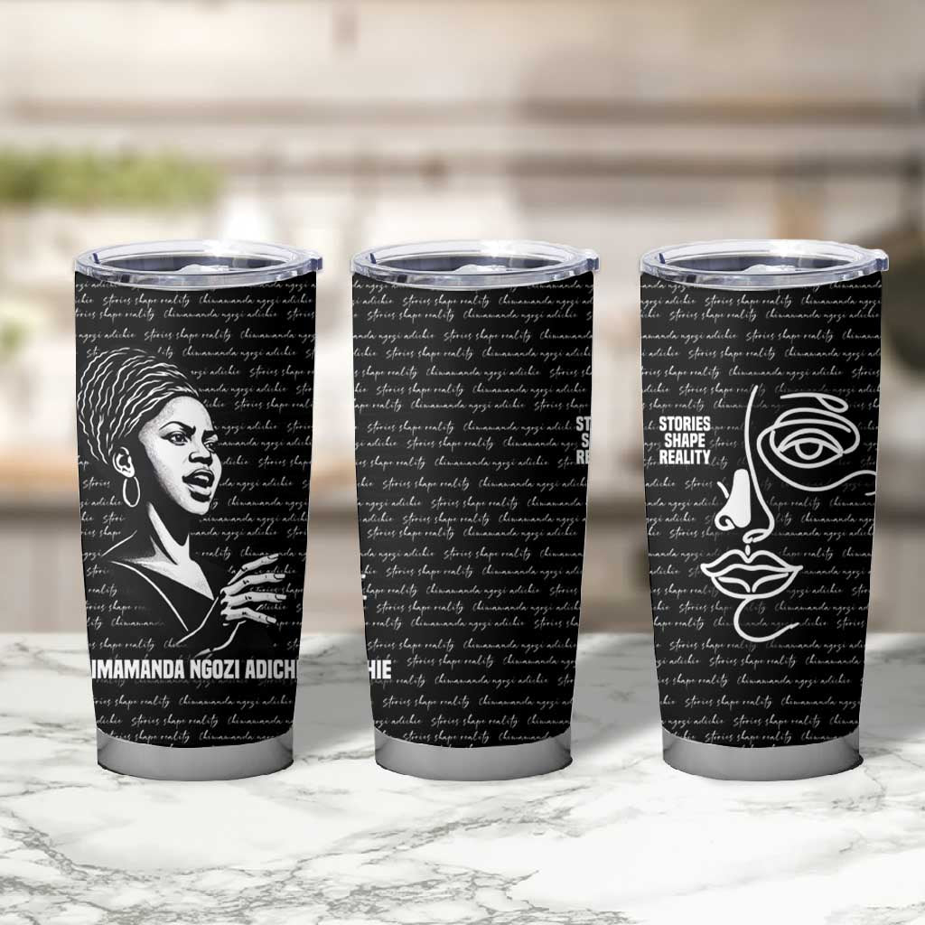 Chimamanda Ngozi Adichie Tumbler Cup with Expressive Speaking Portrait, Stories Shape Reality - African Pride