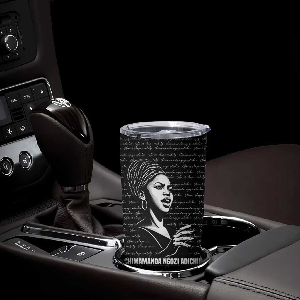 Chimamanda Ngozi Adichie Tumbler Cup with Expressive Speaking Portrait, Stories Shape Reality - African Pride