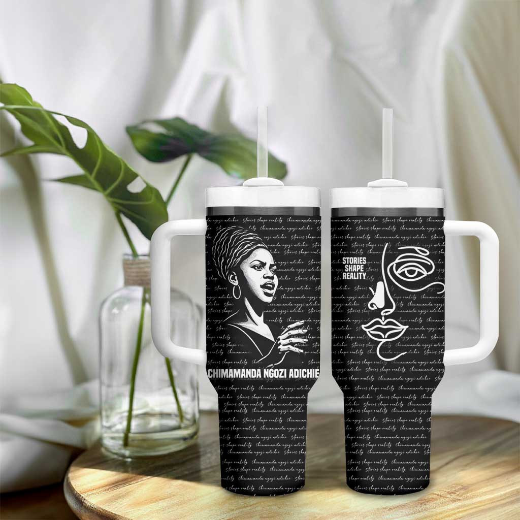 Chimamanda Ngozi Adichie Tumbler With Handle with Expressive Speaking Portrait, Stories Shape Reality - African Pride