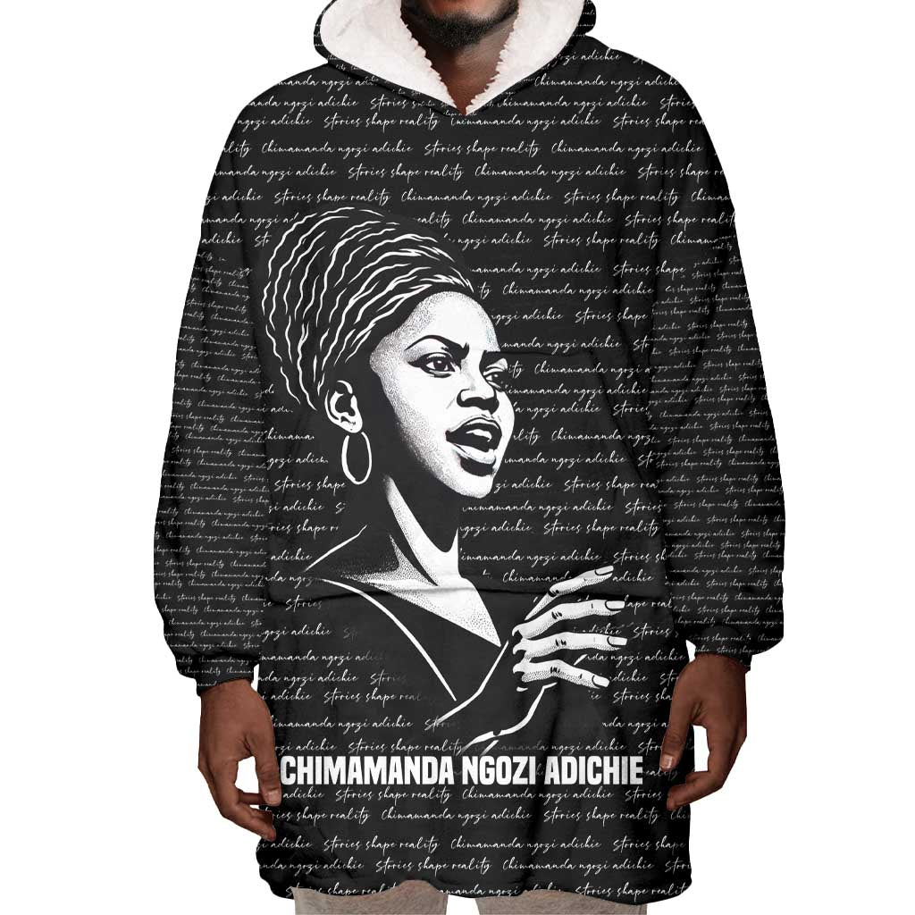Chimamanda Ngozi Adichie Wearable Blanket Hoodie with Expressive Speaking Portrait, Stories Shape Reality - African Pride