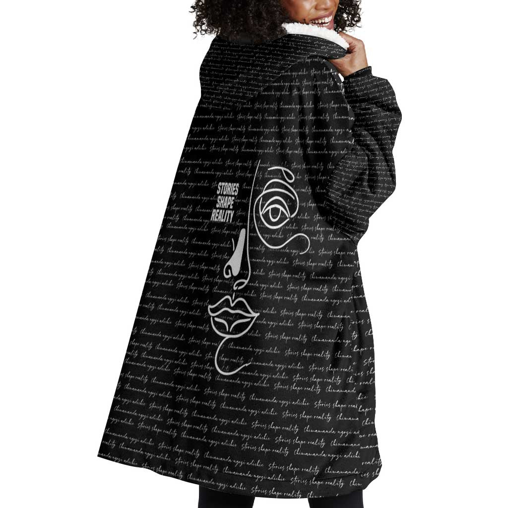Chimamanda Ngozi Adichie Wearable Blanket Hoodie with Expressive Speaking Portrait, Stories Shape Reality - African Pride