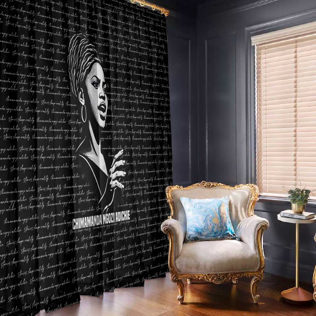 Chimamanda Ngozi Adichie Window Curtain with Expressive Speaking Portrait, Stories Shape Reality - African Pride